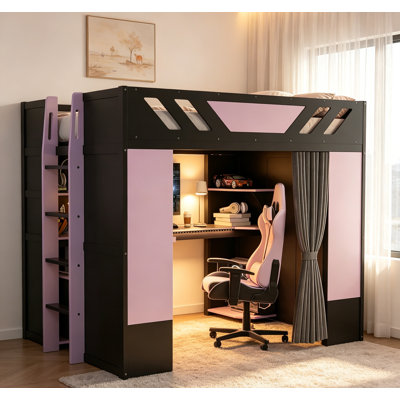 Full Size Wood Loft Bed With Shelves, Blackout Curtains, And RGB Lights, Black+Purple