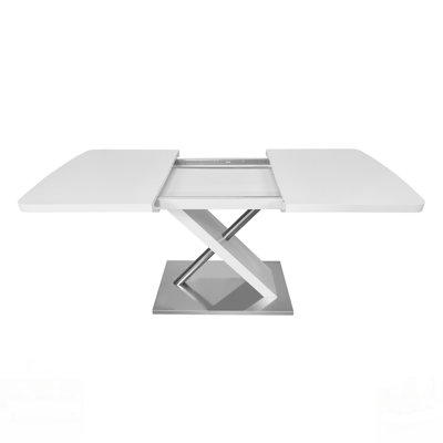 Extendable Modern White Glossy Dining Table For 4-6 People, Adjustable Length With Durable Crossed Metal Base And Stainless Steel Tubes