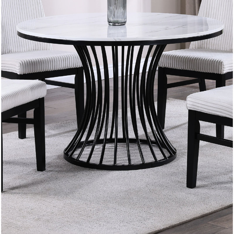 Table de salle à manger moderne moderne en faux marbre avec base en forme de cage en noir et blanc