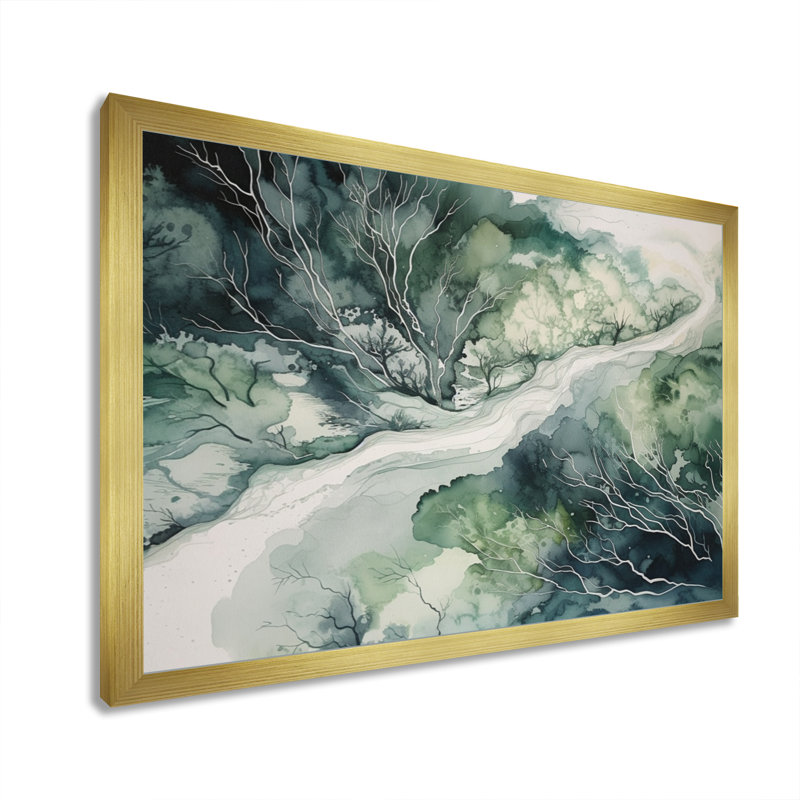 Vert et bleu marbré Dreamscape IV sur toile, H 12 po x l 20 po x P 1 po, Encadrement doré