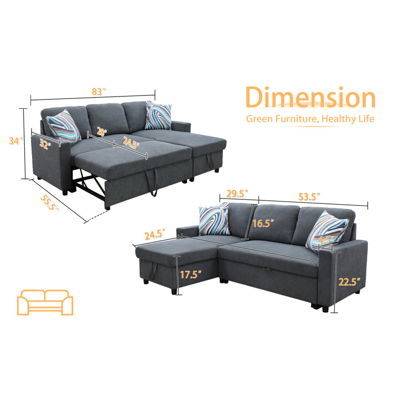Sebella Upholstered L-Shaped Sectional Reversible, Gray Linen Blend
