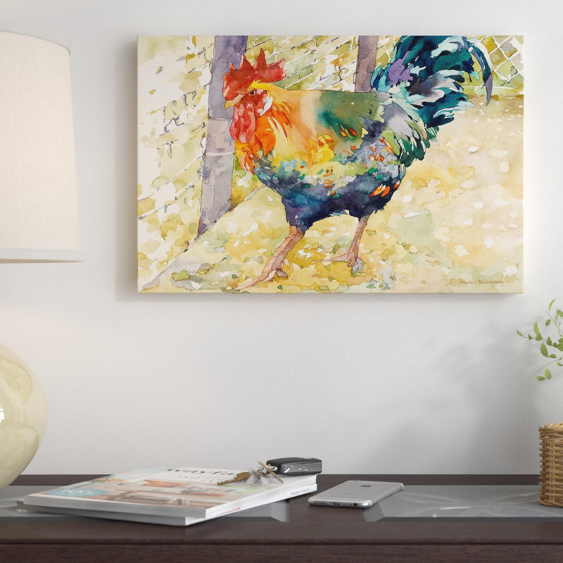«Colorful Rooster», reproduction, H 18 po x l 26 po x P 1,5 po, Toile avec cadre noir patiné