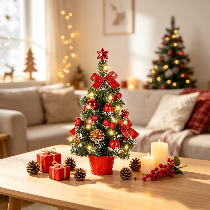 Petit sapin de Noël de bureau de 45 cm avec lumière DEL, orné d'une étoile, d'un nœud et de pommes de pin, idéal pour la décoration intérieure et les cadeaux. Couleur rouge.