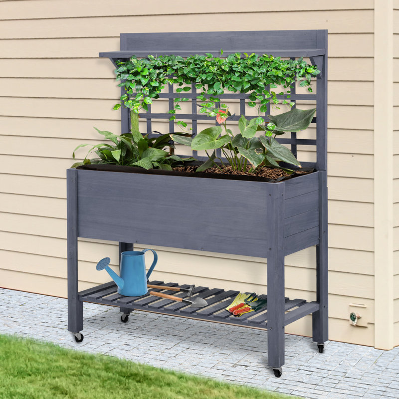 Lit de jardin surélevé en bois avec treillis, pot de fleurs surélevé de 41 po pour grandeur, boîte mystère grise