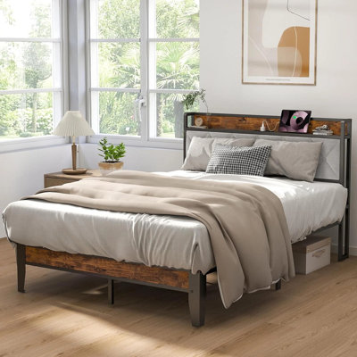 Bed Frame With Headboard, Upholstered Platform Bed Frame With USB Ports, Storage Headboard, No Box Spring Needed by Alwyn Home