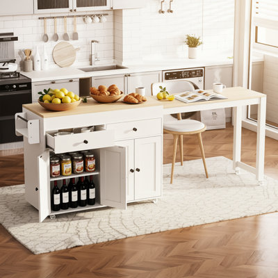 Îlot de cuisine 74,5 po avec table de salle à manger extensible, chariot de cuisine sur roulettes avec support à épices, armoire à 4 portes et 2 tiroirs, îlot de rangement multifonctionnel pour la salle à manger