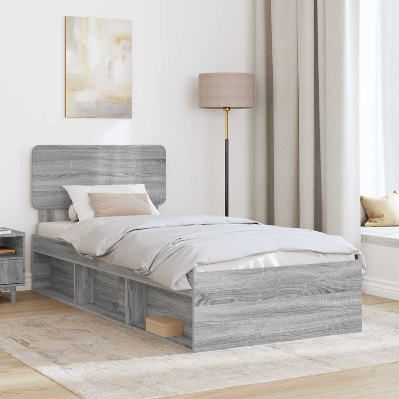 Solid Wood Bed, European Single (90 x 200 cm), Grey Sonoma