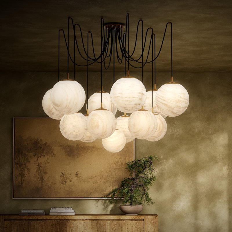 Spider 13 - Light LED Chandelier, Marbled Matte Glass, Burnished Brass