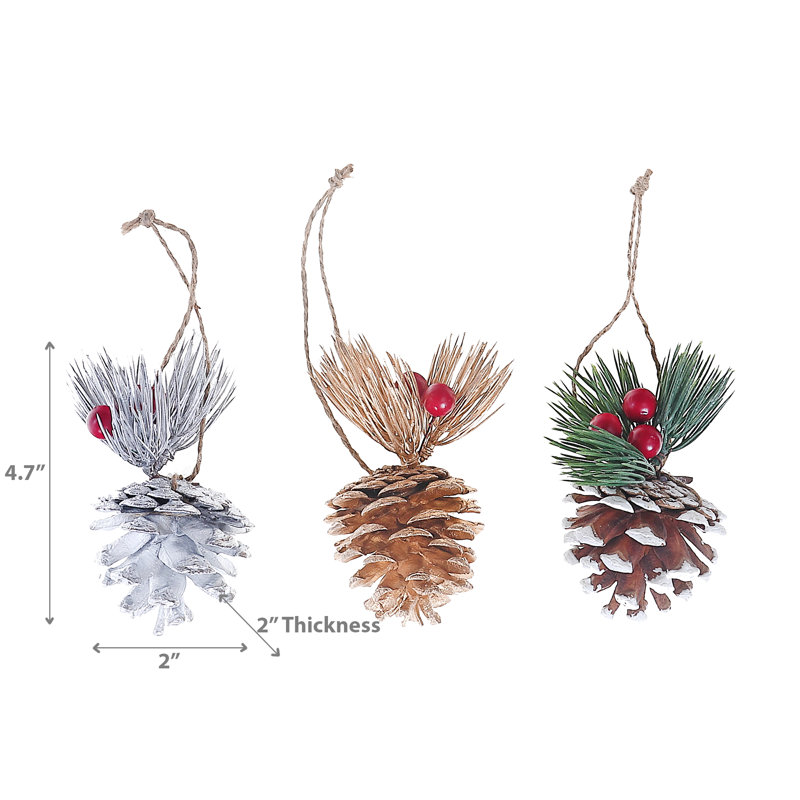 Set of 6 Plastic Pinecone Holiday Ornaments with Berries