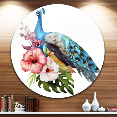 «Hibiscus Flowers and Blue Peacock», peinture