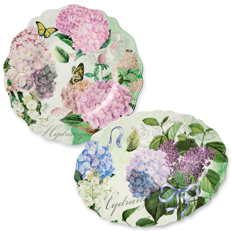 Ensemble de plateaux en mélamine 2 pièces Garden Path - 14 po rondes et 18 po x 13,5 po ovales en rose, mauve et blanc - sans BPA et lavable au lave-vaisselle