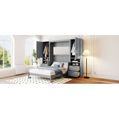 Lit escamotable double pleine grandeur avec placard, tiroirs et tablettes, gris