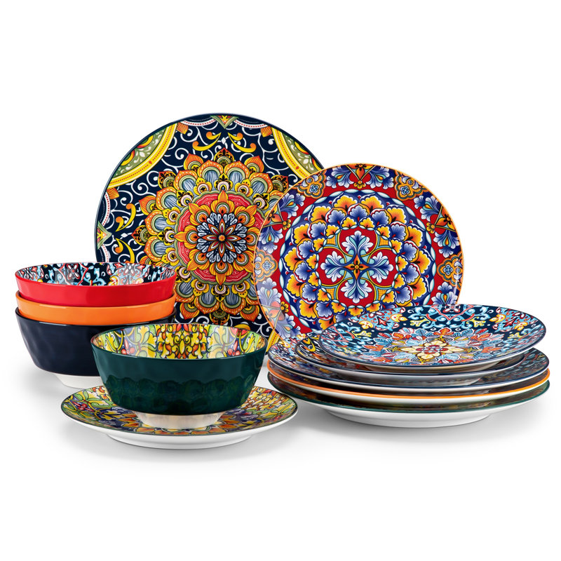 12 Piece Boho Chic Dinnerware Set For 4, Blue bohemia