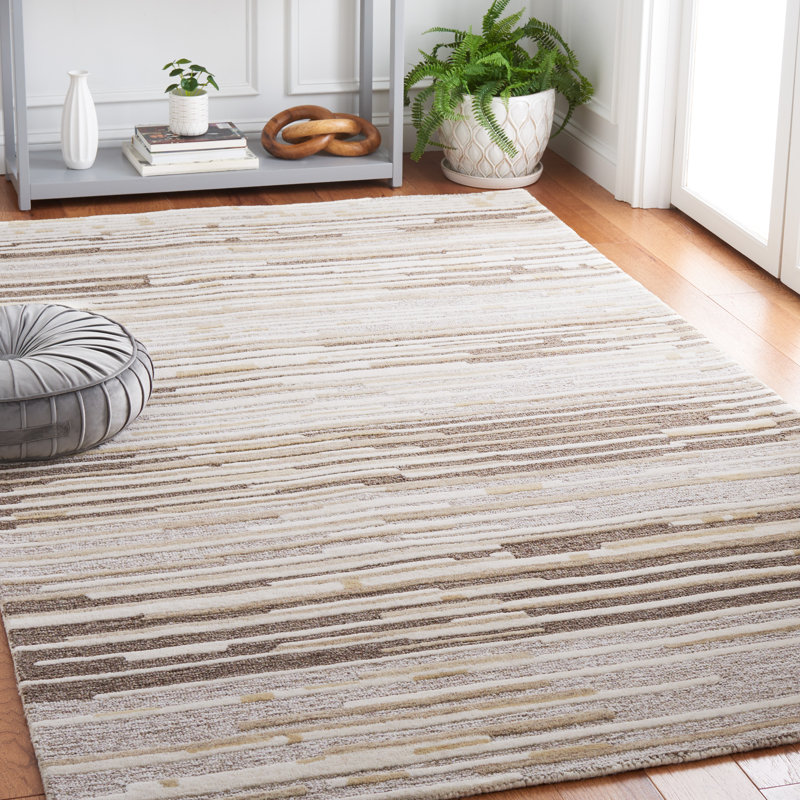 Natural Beige 3x5 Wool Hand-Tufted Striped Area Rug