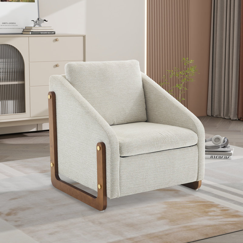 Upholstered Accent Armchair With Wood Accent Base, Beige Chenille