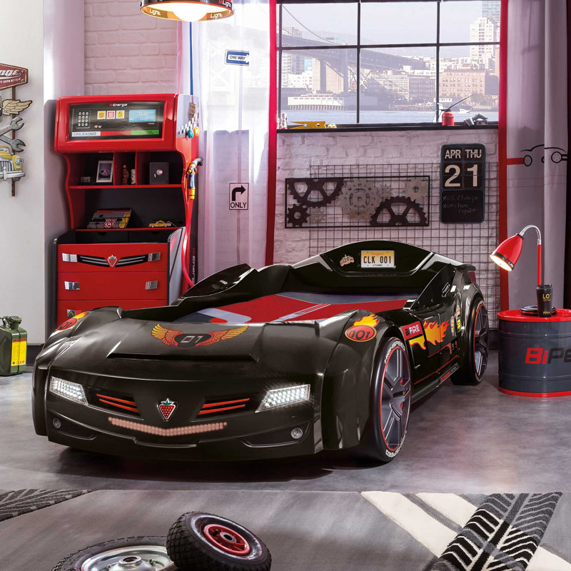 Kumra Twin-Size Race Car Bed, Remote Control, LED Lights, Sound FX, License Plate by Zoomie Kids, Black