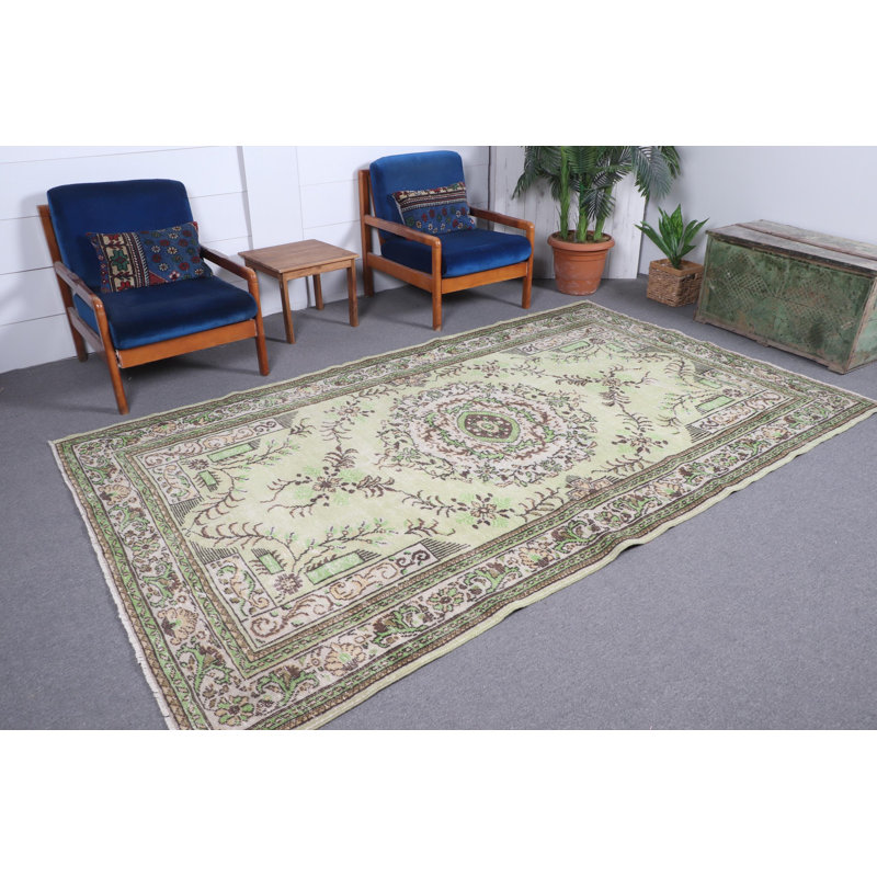 Grand tapis turc rétro Oushak - Tapis décoratif en laine antique pour le salon en vert