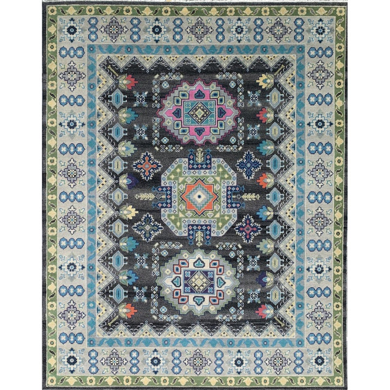 Tapis traditionnel gris anthracite / argent en laine nouée à la main Maya Kazak, Rectangle 9 pi x 12 pi