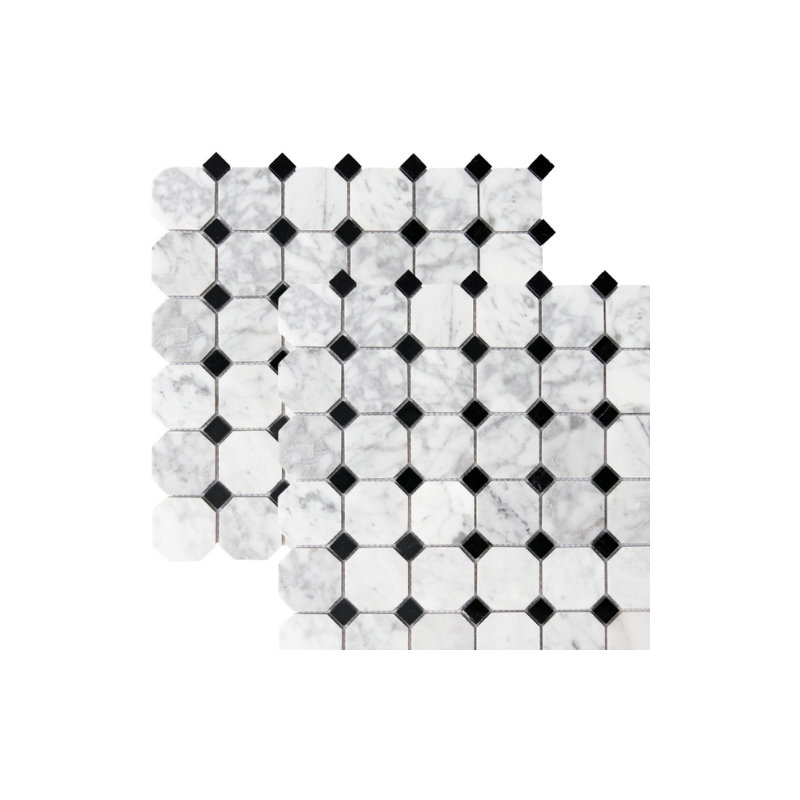 Santorini 2" x 2" Marble Octagon and Dot Mosaic Wall Tile, Black/White