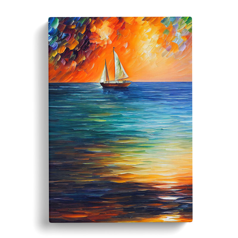 Boat At Sunset No.1 - Painting, 60cm H x 40cm W x 3cm D, No Matte, Wrapped Canvas