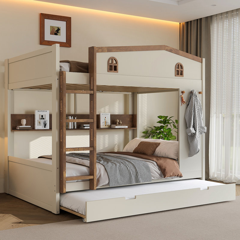 Grand lit sur un grand lit avec lit gigogne et tablettes de rangement, Queen, Beige / Naturel