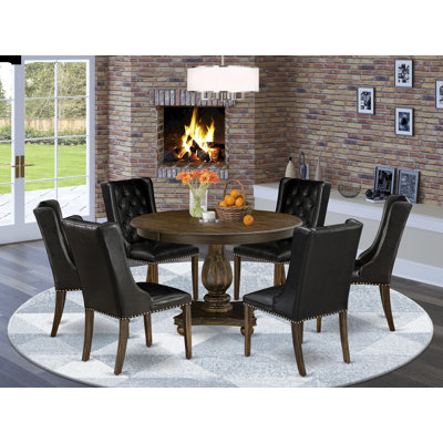 7 Piece Dining Room Table Set Consist of a Round Dining Table with Pedestal and 6 Black Faux Leather Upholstered Chairs, Distressed Jacobean