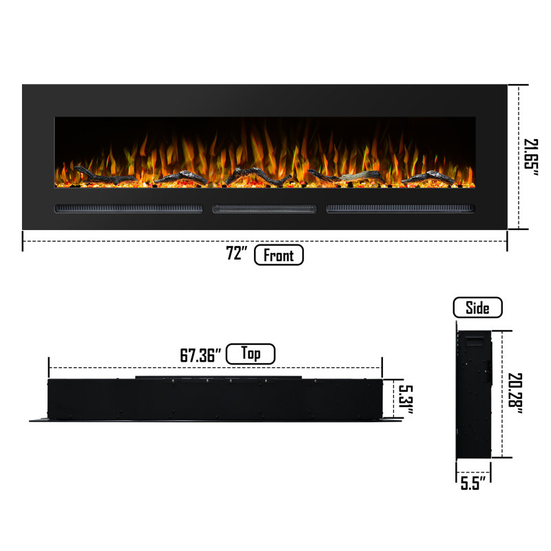 Aarryn Symple Stuff Black Electric Fireplace Insert, 21.65" H x 72" W x 5.5" D