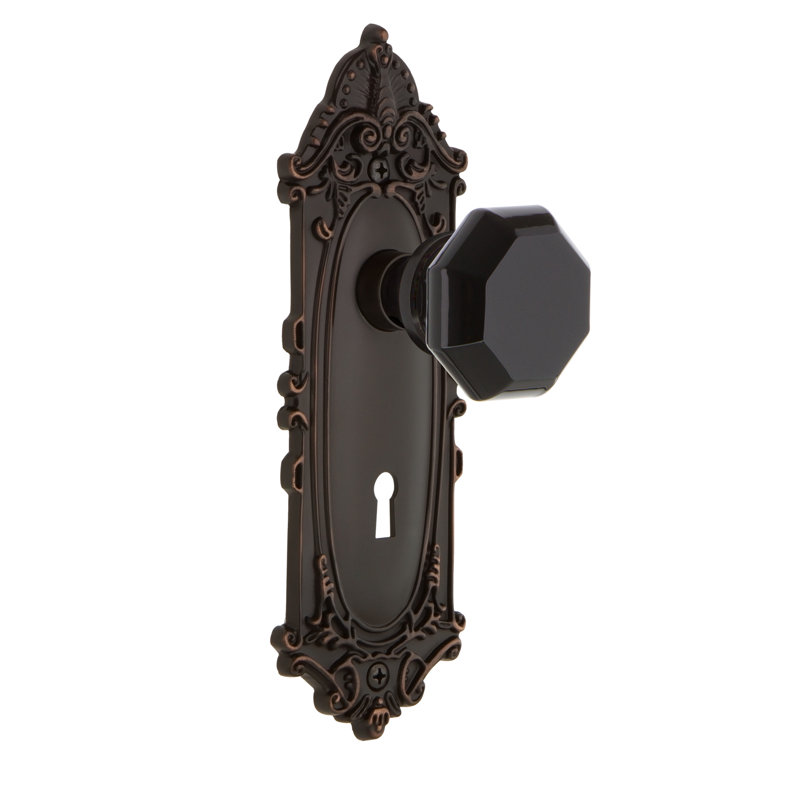 Plaque victorienne avec trou de serrure décoratif et bouton de porte noir Waldorf, Bronze intemporel