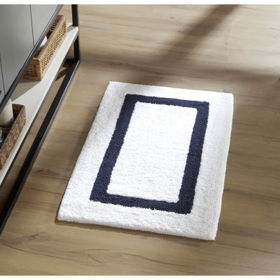 Widman 100% Cotton Tufted Reversible Bath Rug, Soft & Super Absorbent, Machine Washable Bathroom Rug for Shower, Tub & Sink Areas, 21" x 34" Rectangle, White/Navy
