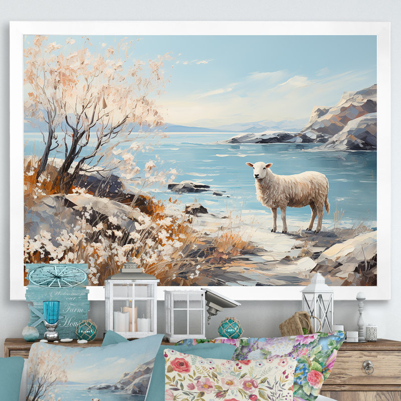 Minimalism Sheep On The Beach - Sheep Canvas Wall Art, White Single Picture Framed, 30" H x 40" W x 1.5" D