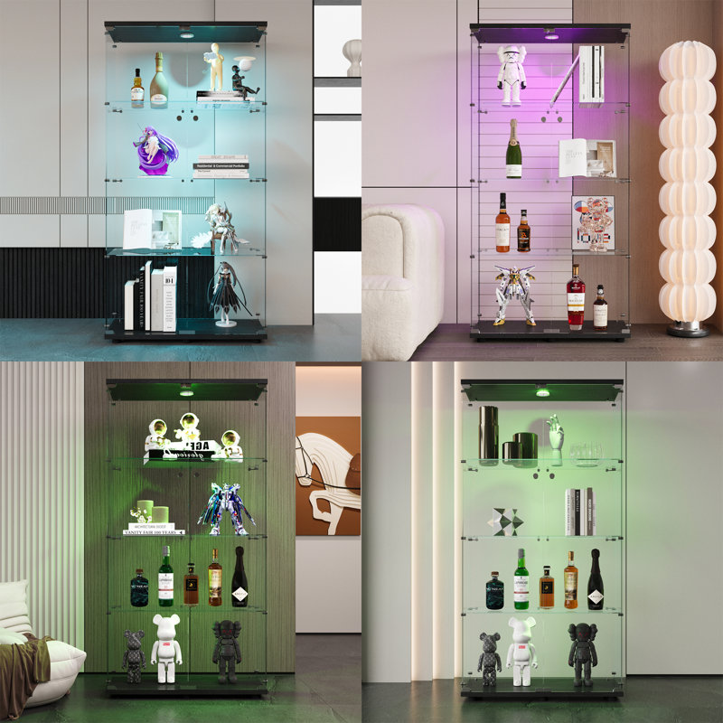 Glass Display Cabinet 164H x 80.5W x 36.5D cm with LED Lights, 2 Doors, 4 Adjustable Shelves, Lockable Tempered Glass Display Case