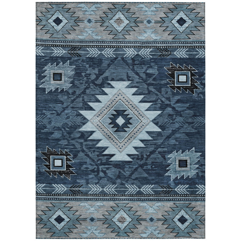 Machine Washable Indoor/Outdoor Xhevrie Blue Rug, Rectangle 3' x 5'