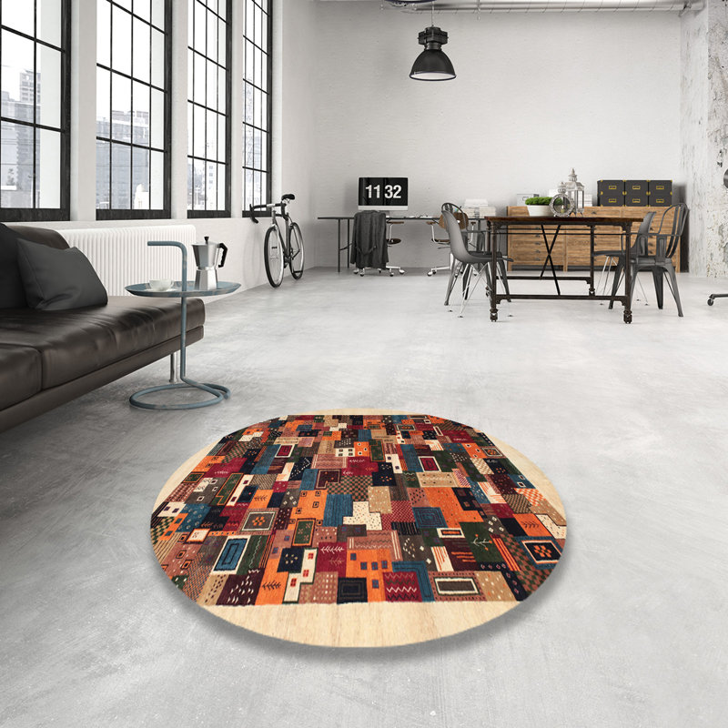 Tapis noir/gris/bleu de zone contemporaine, Rond 7 pi