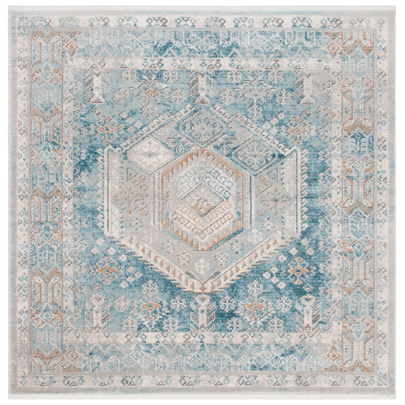 Tapis bleu / doré Qumin, Carré 6 pi 7 po
