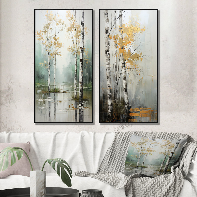 Ensemble d'art mural Birch Woods, ensemble de 2 pièces - Birch Woods Ethereal Elegance, Cadre noir, H 32 po x l 32 po
