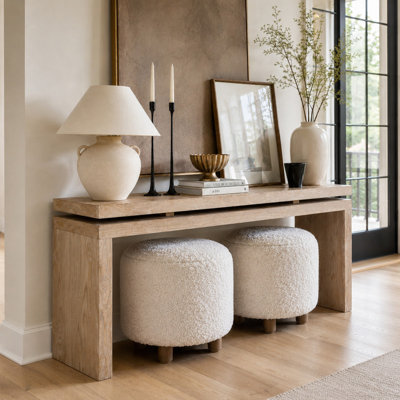 60'' Antique Natural Farmhouse Console Table - Retro Wooden Entryway Table with Double Board Suspension Design, Solid Wood & MDF, Antique Natural,White Washed