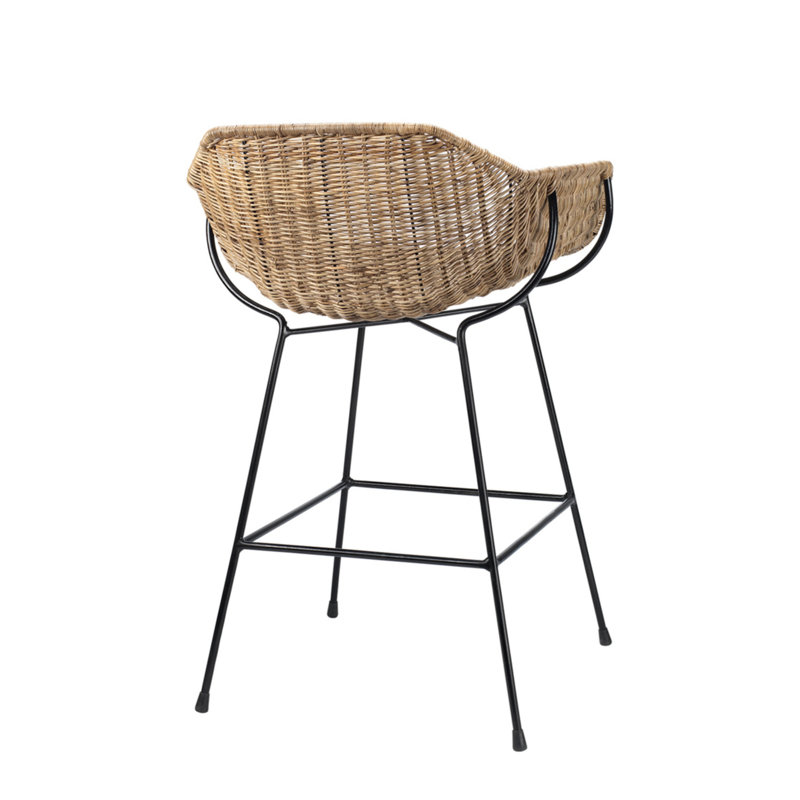 Natural Rattan and Black Steel Counter Stool