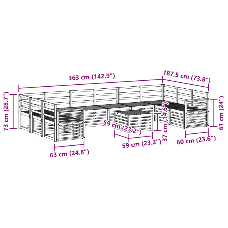  Outdoor Sofa Set 11 pcs Solid Acacia Wood Sectional Garden Furniture