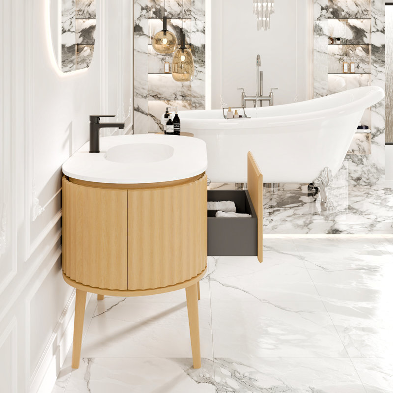 Natural Oak Freestanding Bathroom Vanity with White Solid Surface Top