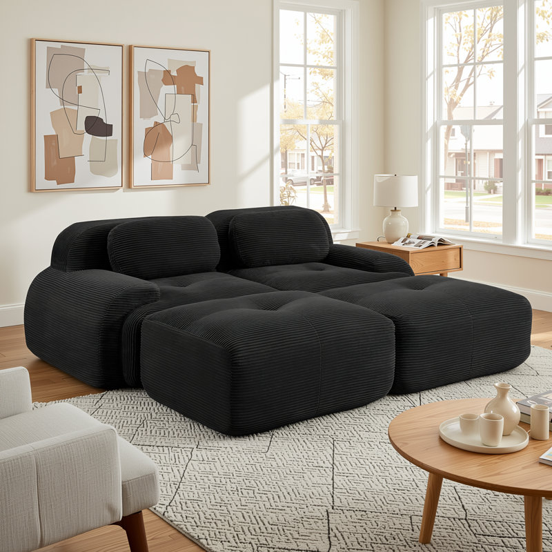 Canapé modulaire en velours côtelé modulaire noir profond avec dossier incurvé pour le salon, Noir