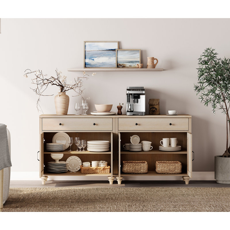 Scarlett Sideboard Cabinet With 5 Drawers And 4 Doors, Vintage Wood Grain Design, Buffet Cabinet With Storage, 101 Inch, Light Oak