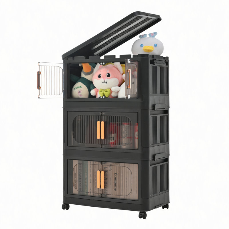 20" Side Wide Folding Storage Cabinet ,5 Tiers,19.69"×11.81"×50.00",Collapsible Storage Bins With Magnetic Door, Plastic Storage Cabinet With Wheels