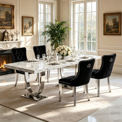 Ensemble de salle à manger 5 pièces en faux marbre pour 4 personnes, table de cuisine rectangulaire de 180 cm avec 4 chaises capitonnées en velours, piètement en acier inoxydable argenté, idéal pour les repas en famille ou entre amis.