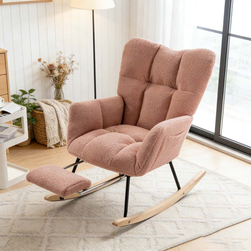Teddy Fabric Leisure Rocking Chair, Pink-Footstool