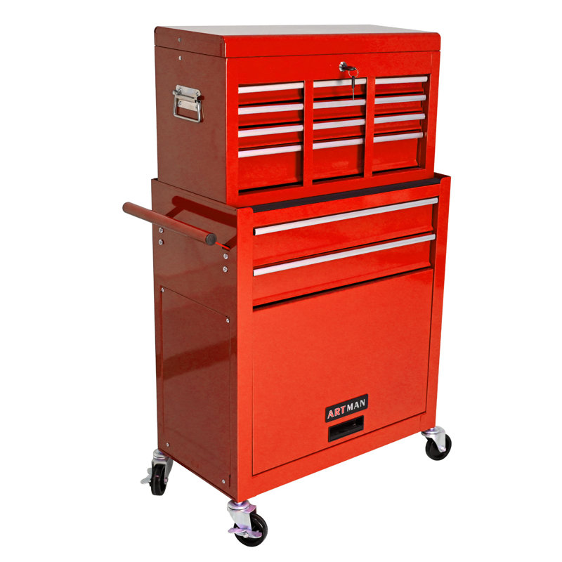 Coffre à outils roulant à grande capacité avec roulettes et tiroirs, armoire de rangement pour outils à 8 tiroirs, Rouge