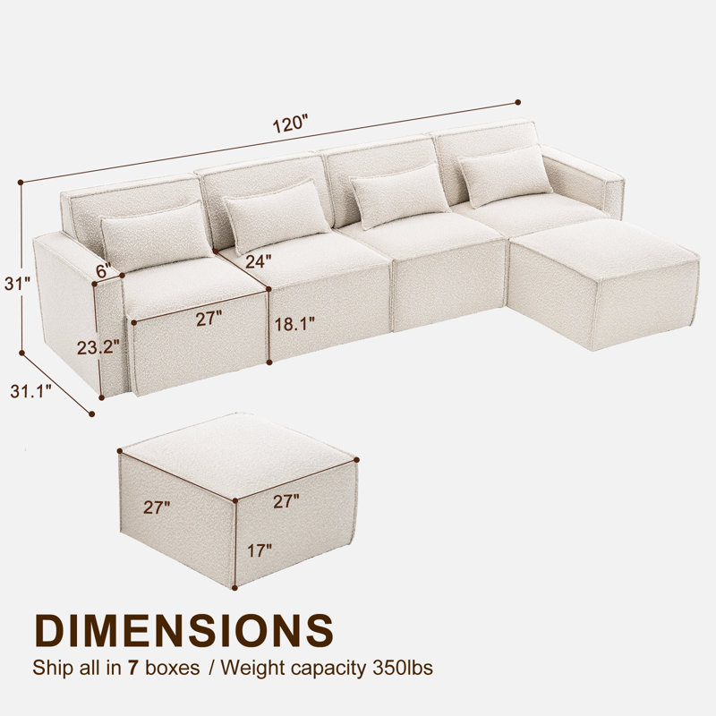 Canapé modulaire rembourré 5 pièces Taufner, Boucle blanc