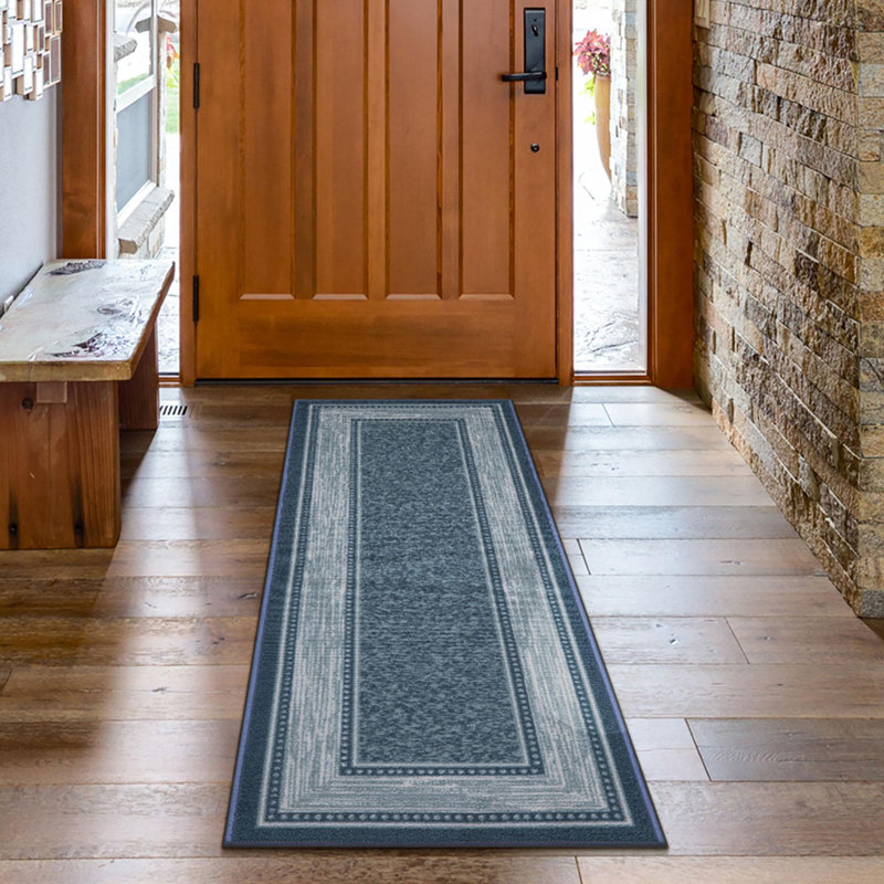 Ottohome Non-Slip Bordered Area Rug For Living Room, Hallway, Entryway Rug, Blue, Runner 1'8" x 4'11"