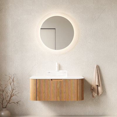 Meuble-lavabo de 36 po avec lavabo rond transparent, armoire à tiroirs naturels, système de fermeture en douceur, grand lavabo artistique, tiroir de rangement, pré-assemblé et