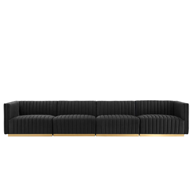 Conjure Channel Tufted Sofa by Modway, Black Velvet, Gold, 28" H x 155" W x 36.5" D