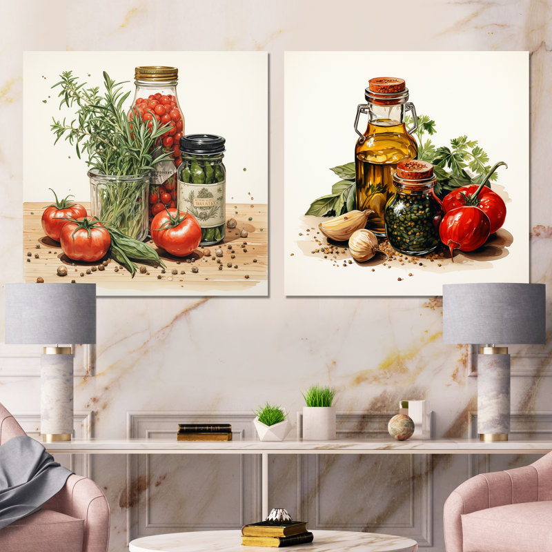 Ensemble de salon mural rouge et vert avec herbes parfumées I - Spices Wall Art, Toile tendue, H 16 po x l 33 po x P 1 po